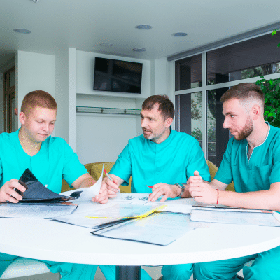 A group of men in scrubs sitting at a round table going over documents, representing healthcare law for private practices